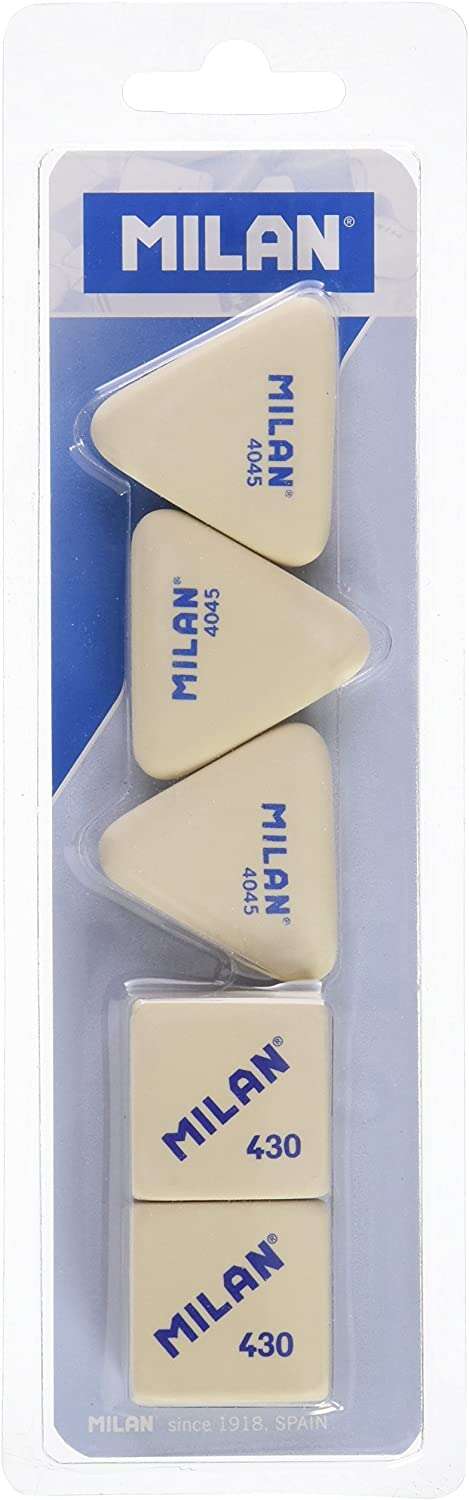 Milan Pack de 5 Gomas de Borrar, 3x Gomas 4045 Nata Triangulares + 2xGomas 430 Cuadradas - Miga de pan - Caucho Suave Sintetico - Color Blanco