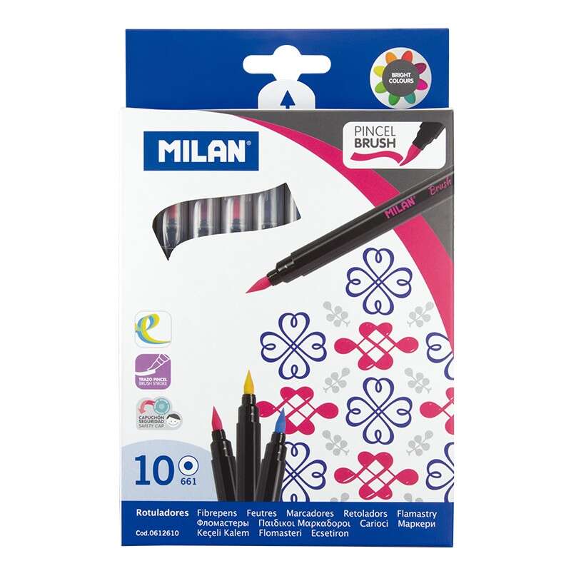 Milan Pack de 10 Rotuladores con Punta de Pincel - Trazo de 0.5 a 4mm - Tinta a Base de Agua - Mezclable entre si - Colores Surtidos