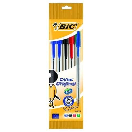 Bic Cristal Original Pack de 5 Boligrafos de Bola - Punta Redonda de 1.0mm - Trazo 0.4mm - Tinta con Base de Aceite - Colores Surtidos