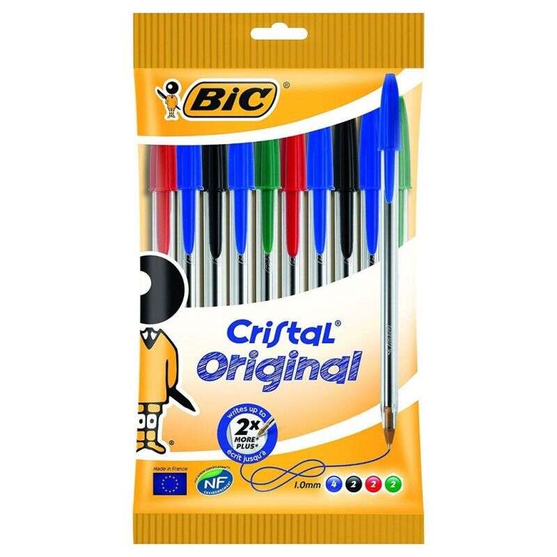 Bic Cristal Original Pack de 10 Boligrafos de Bola - Punta Redonda de 1.0mm - Trazo 0.4mm - Tinta con Base de Aceite - Colores Surtidos