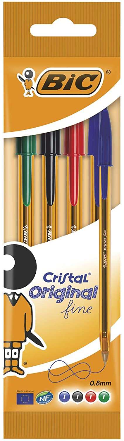 Bic Cristal Original Fine Pack de 4 Boligrafos de Bola - Punta Redonda de 0.8mm - Trazo de 0.30mm - Tinta con Base de Aceite - Translucido - Colores Surtidos