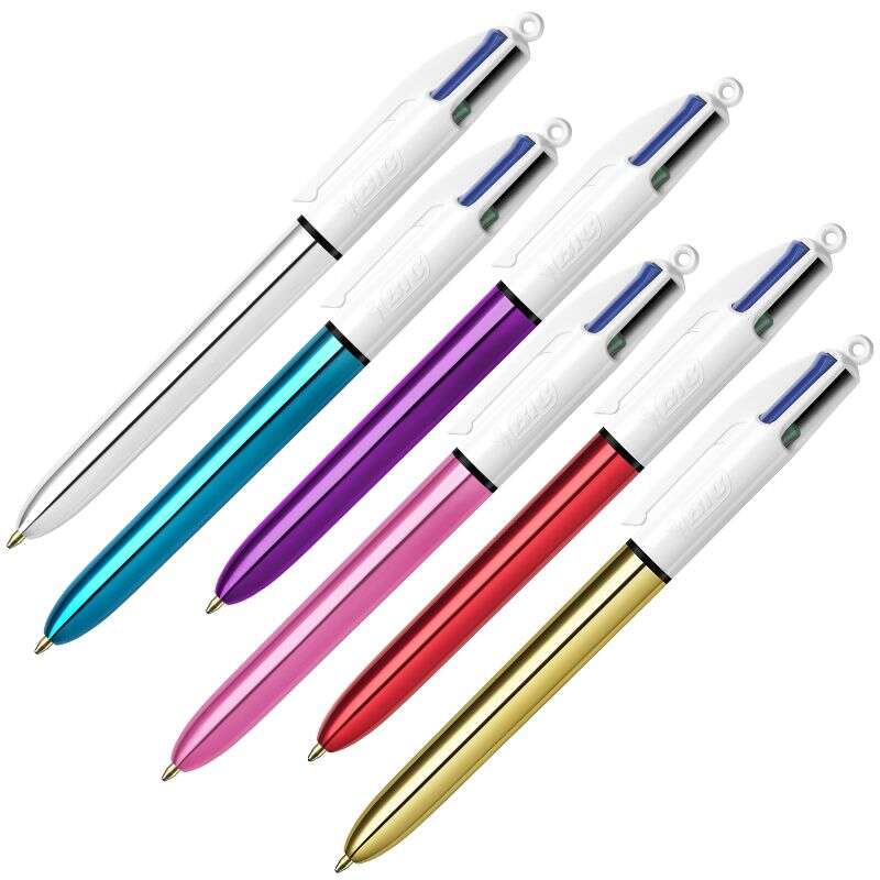 Bic 4 Colours Shine Boligrafo de Bola Retractil - Punta Media de 1.0 mm - Tinta con Base de Aceite - Diseño Metalizado en Colores Surtidos - Caja de 12 ud