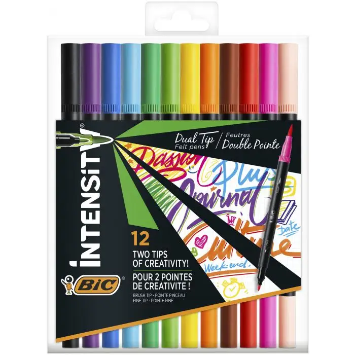 Bic Intensity Dual Tip Pack de 12 Rotuladores Doble Punta - Punta de Pincel + Punta Fina - Tinta con Base de Agua - Colores Clasicos Surtidos