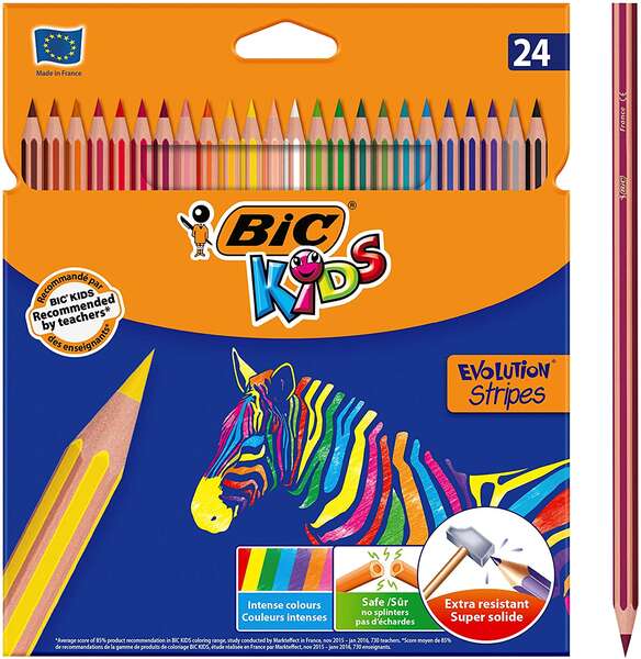 Bic Kids Evolution Stripes Caja de 24 Lapices de Colores surtidos - Fabricados en Resina - Punta Ultraresistente - Mina Pigmentada de 3.20 mm