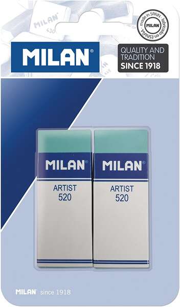 Milan Nata 520 Artist Pack de 2 Gomas de Borrar Rectangulares - Plastico - Faja de Carton Blanca - No Daña el Papel - Color Verde