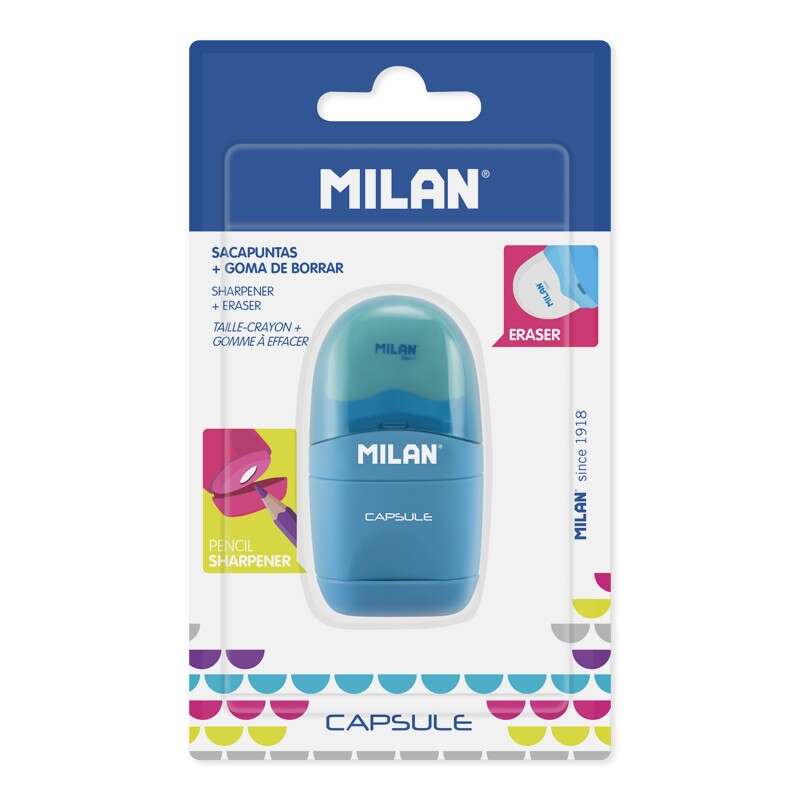 Milan Capsule Afilaborras - Sacapuntas y Goma de Borrar - Cuchilla de Acero al Carbono - Para todo tipo de Lapices - Cuchilla de Seguridad - Colores Surtidos