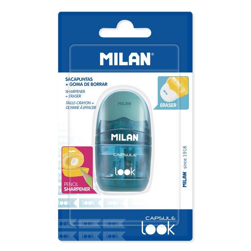 Milan Blister Afilaborras CAPSULE LOOK - Sacapuntas y Goma de Borrar - Cuchilla de Acero al Carbono - Para todo tipo de Lapices - Cuchilla de Seguridad