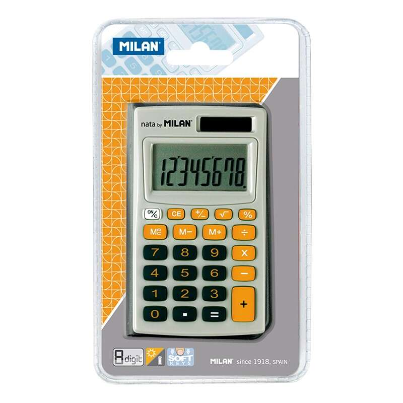 Milan Calculadora de Bolsillo 8 Digitos - 3 Teclas de Memoria y Raiz Cuadrada - Apagado Automatico - Incluye Funda - Color Gris y Naranja