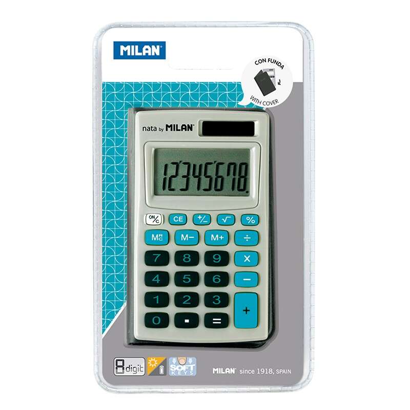 Milan Calculadora de Bolsillo 8 Digitos - 3 Teclas de Memoria y Raiz Cuadrada - Apagado Automatico - Incluye Funda - Color Gris y Azul