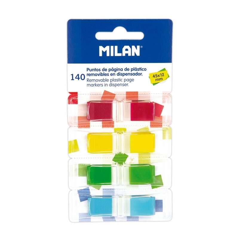 Milan Bloc de 140 Puntos de Pagina de Colores Transparentes - Plastico - Removibles - Medidas 45mm x 12mm - Colores Surtidos