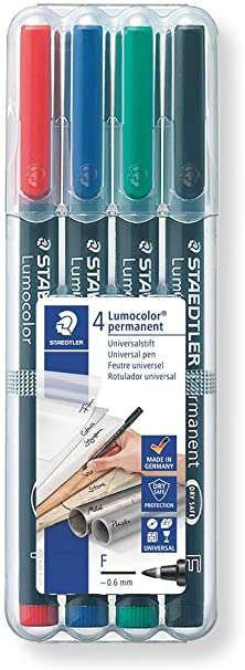 Staedtler Lumocolor 318 Pack de 4 Rotuladores Permanentes - Punta Fina Redonda - Trazo 0.6mm - Capuchon con Clip - Secado Rapido - Colores Surtidos