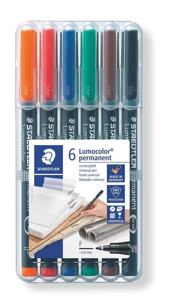 Staedtler Lumocolor 318 Pack de 6 Rotuladores Permanentes - Punta Fina Redonda - Trazo 0.6mm - Capuchon con Clip - Secado Rapido - Colores Surtidos