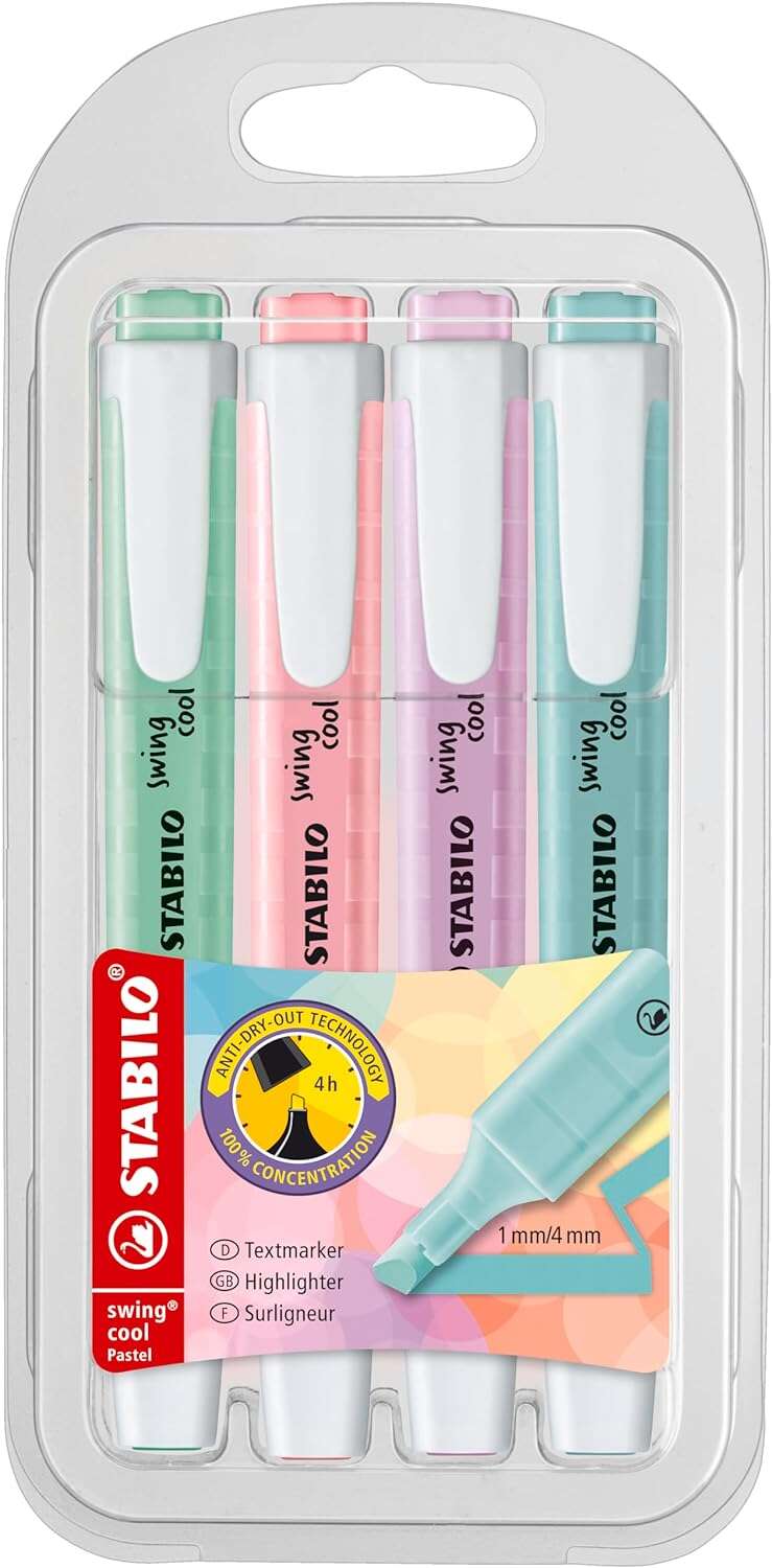 Stabilo Swing Cool Pastel Pack de 4 Marcadores Fluorescentes - Cuerpo Plano - Punta Biselada - Trazo entre 1 y 4mm - Tinta con B