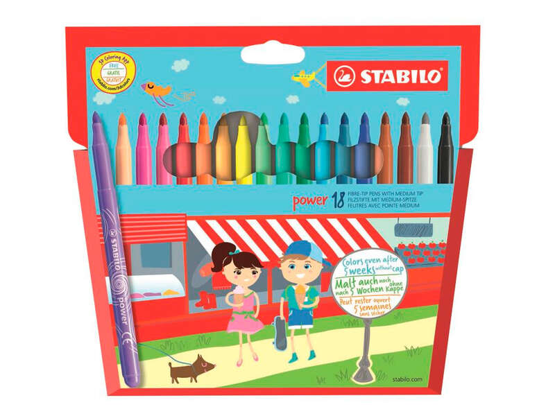 Stabilo Power Pack de 18 Rotuladores de Colores - Punta Media de 2mm - Tinta Lavable - Capuchon Ventilado - Colores Surtidos