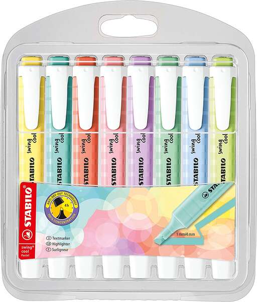 Stabilo Swing Cool Pastel Pack de 8 Marcadores Fluorescentes - Cuerpo Plano - Punta Biselada - Trazo entre 1 y 4mm - Tinta con Base de Agua - Colores Surtidos