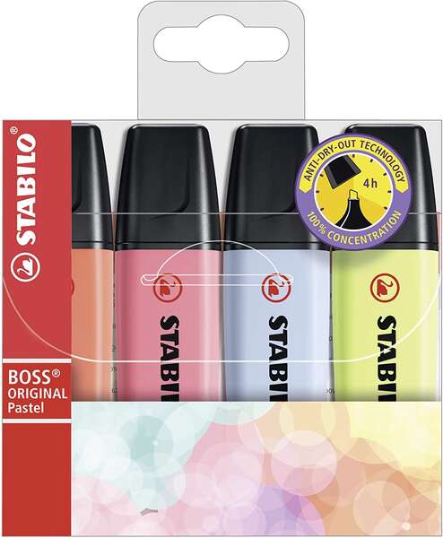 Stabilo Boss 70 Pastel Pack de 4 Marcadores Fluorescentes - Trazo entre 2 y 5mm - Recargable - Tinta con Base de Agua - Colores Surtidos