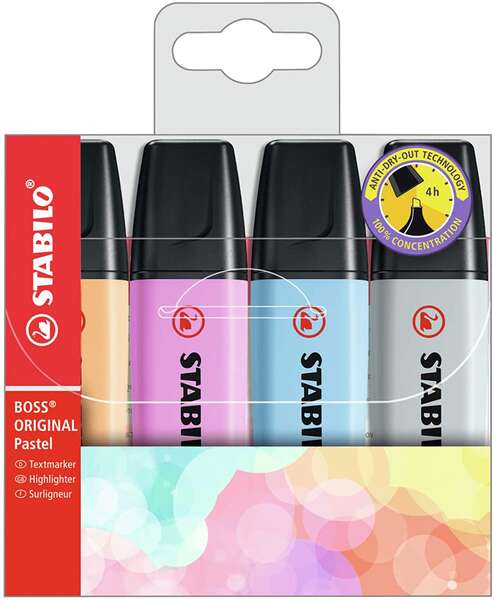 Stabilo Boss 70 Pastel Pack de 4 Marcadores Fluorescentes - Trazo entre 2 y 5mm - Recargable - Tinta con Base de Agua - Colores Surtidos