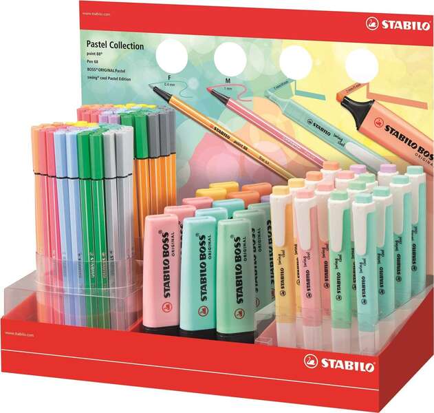 Stabilo Expositor Coleccion Pastel de 111 Rotuladores y Marcadores Fluorescentes - 15 Boss, 16 Swing Cool, 40 Point 88 y 40 Pen