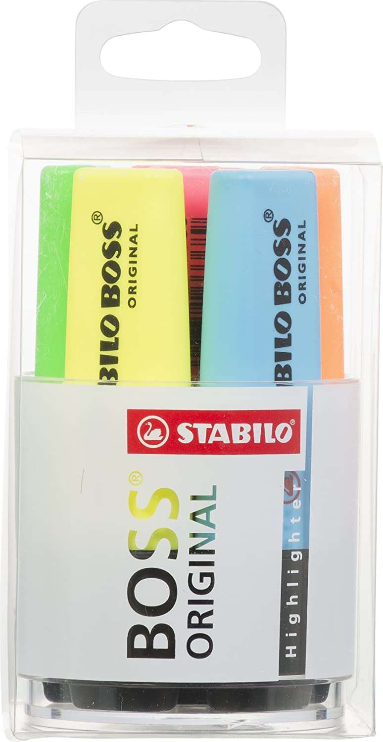 Stabilo Boss 70 Pack de 6 Marcadores Fluorescentes - Practico Cubilete de Escritorio - Trazo entre 2 y 5mm - Recargable - Tinta con Base de Agua - Colores Surtidos