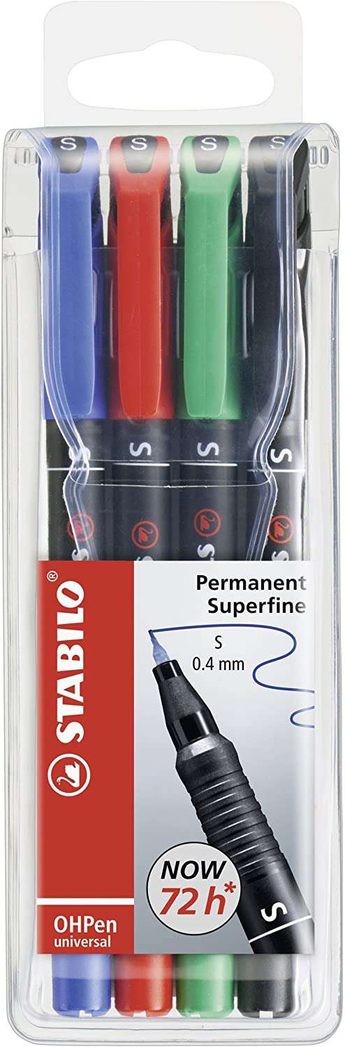 Stabilo OHPen Pack de 4 Rotuladores Permanentes - Punta Superfina - Trazo de 0.4mm - Agarre Antideslizante - Tapon Ventilado - Colores Surtidos