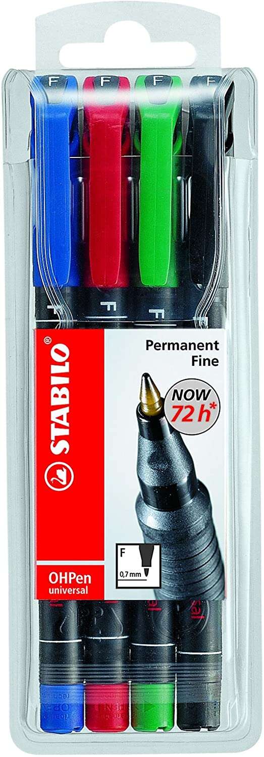 Stabilo OHPen Pack de 4 Rotuladores Permanentes - Punta Fina - Trazo de 0.7mm - Agarre Antideslizante - Tapon Ventilado - Colores Surtidos