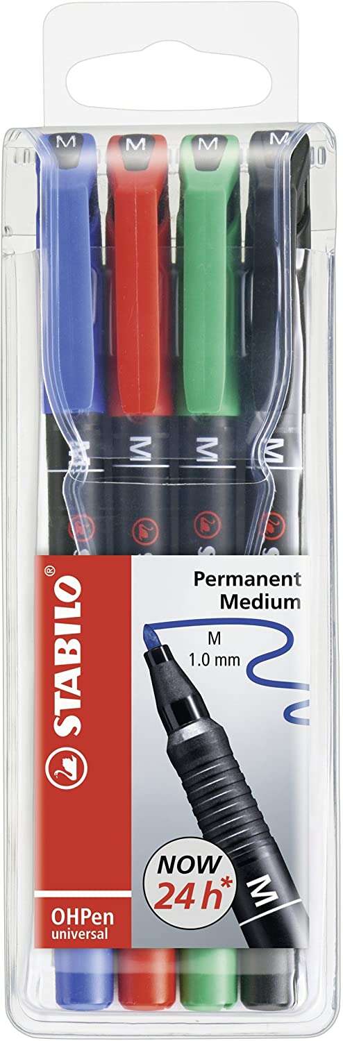 Stabilo OHPen Pack de 4 Rotuladores Permanentes - Punta Media - Trazo de 1mm - Agarre Antideslizante - Tapon Ventilado - Colores Surtidos