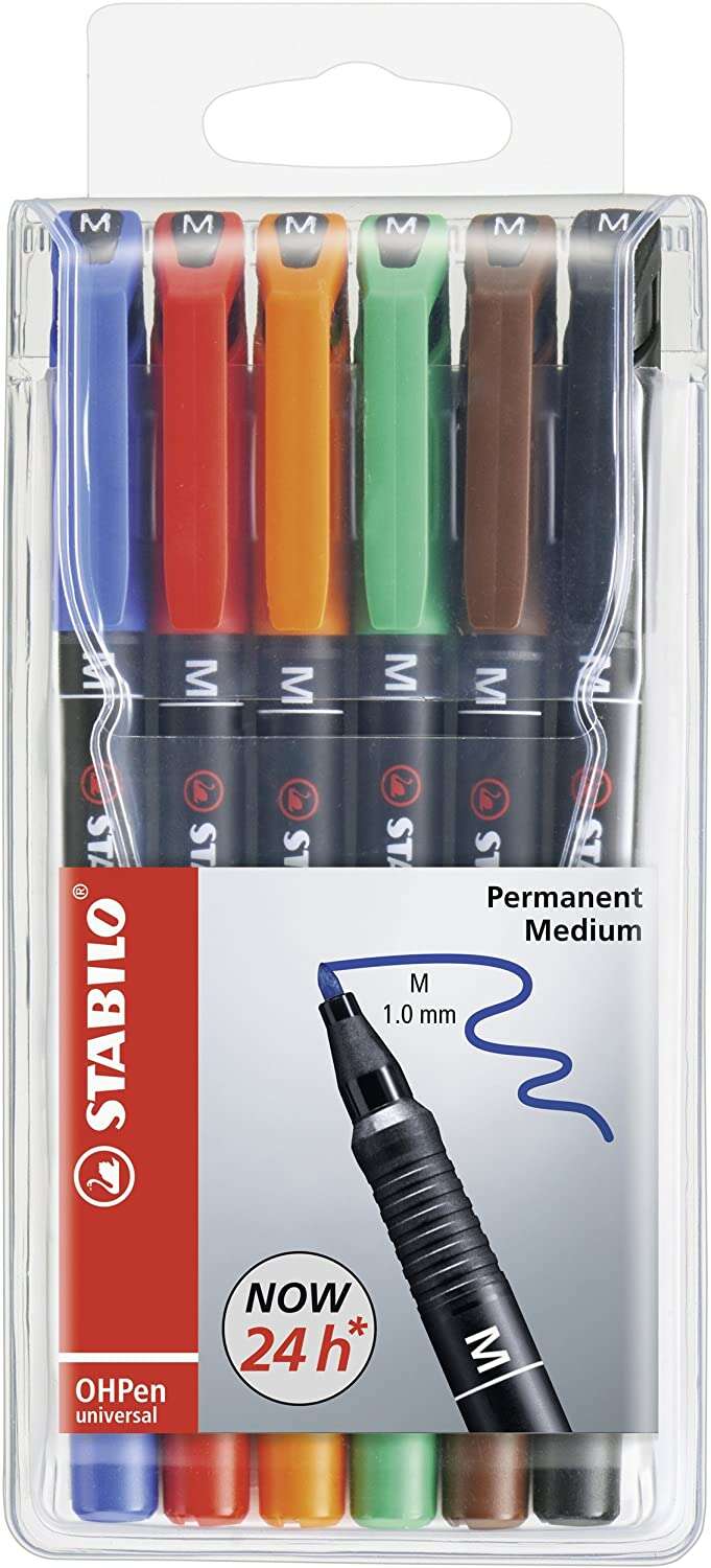 Stabilo OHPen Pack de 6 Rotuladores Permanentes - Punta Media - Trazo de 1mm - Agarre Antideslizante - Tapon Ventilado - Colores Surtidos