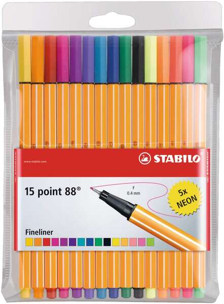 Stabilo Point 88 Pack de 15 Rotuladores de Punta Fina de Fibra - Trazo de 0.4 mm - Tinta con Base de Agua - 10 Colores Surtidos + 5 Neon