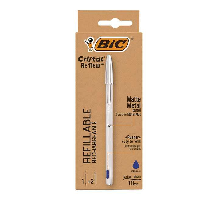 Bic Cristal Re´new Pack de Boligrafo Recargable de Bola + 2 Recambios - Punta Redonda de 1.0mm - Trazo 0.32mm - Tinta con Base de Aceite - Cuerpo Metalico - Color Azul