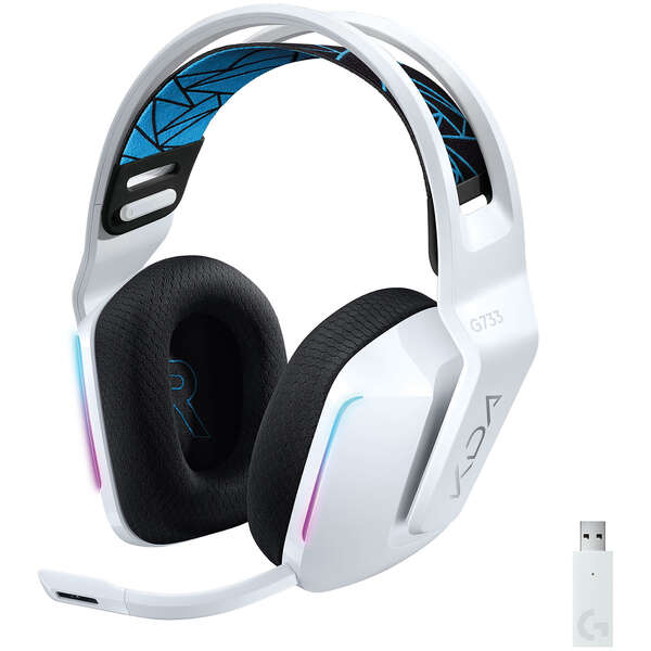 Logitech G733 K/DA Ed. Especial League of Legends Auriculares Gaming Inalambricos DTS 7.1 con Microfono - Tecnologia Lightspeed - Iluminacion RGB - Autonomia hasta 29h - Microfono Extraible - Almohadillas Acolchadas - Controles en Auricular - Color Blanco