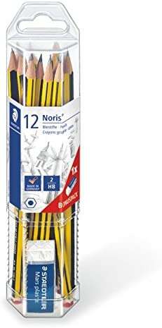 Staedtler Noris 120 Pack de 12 Lapices de Grafito Hexagonales + Goma de Borrar - Mina HB Ultrarresistente de 2mm - Madera de Bosques Sostenibles