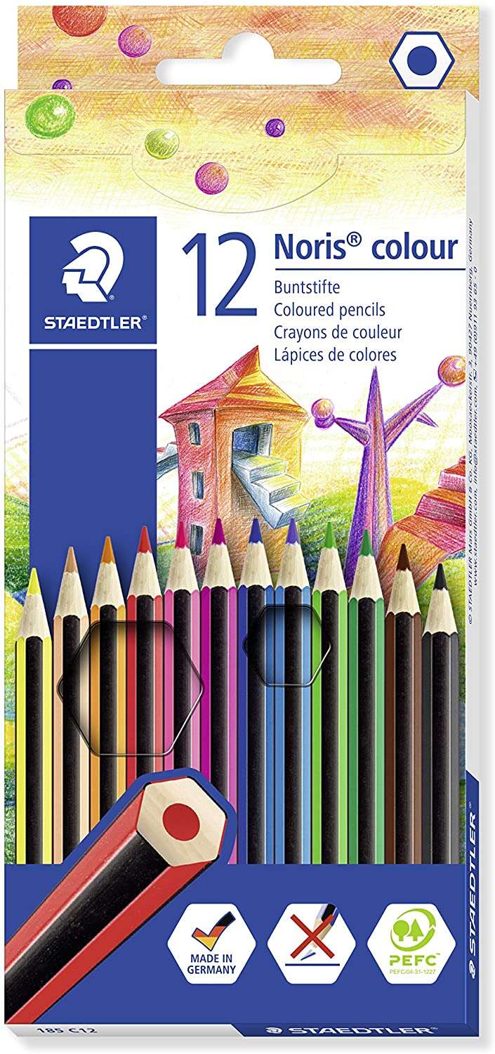 Staedtler Noris Colour 185 Pack de 12 Lapices Hexagonales de Colores - Fabricados en Wopex - Muy Resistentes - Madera de Fuentes