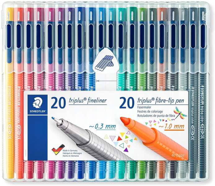 Staedtler Triplus Pack de 20 Rotuladores de Punta Fina 0.3mm + 20 Rotuladores de Punta Fibra 1mm - Capuchon con Clip - Colores Surtidos