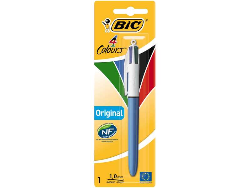 Bic 4 Colours Original Boligrafo de Bola Retractil - Punta Media de 1.0mm - Tinta con Base de Aceite - Cuerpo Azul/Blanco - 4 Colores