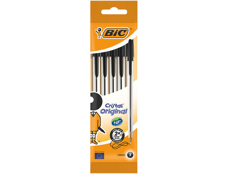 Bic Cristal Original Pack de 5 Boligrafos de Bola - Punta Redonda de 1.0mm - Trazo 0.4mm - Tinta con Base de Aceite - Color Negro