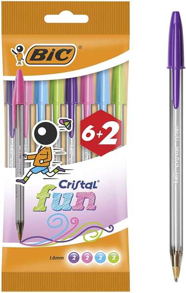 Bic Cristal Fun 6+2 Pack de 8 Boligrafos de Bola - Punta Redonda de 1.6mm - Trazo 0.42mm - Tinta con Base de Aceite - Colores Surtidos