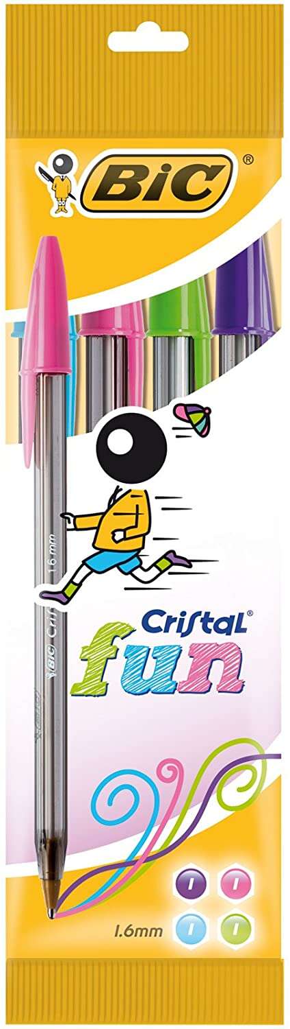 Bic Cristal Fun Pack de 4 Boligrafos de Bola - Punta Redonda de 1.6mm - Trazo 0.42mm - Tinta con Base de Aceite - Colores Surtidos