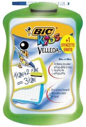 Bic Velleda Kids Pizarra Escolar Blanca y Milimetrada + 1 Marcador Velleda Azul + 1 Borrador - Dimensiones: 20x30cm - Colores Aleatorios