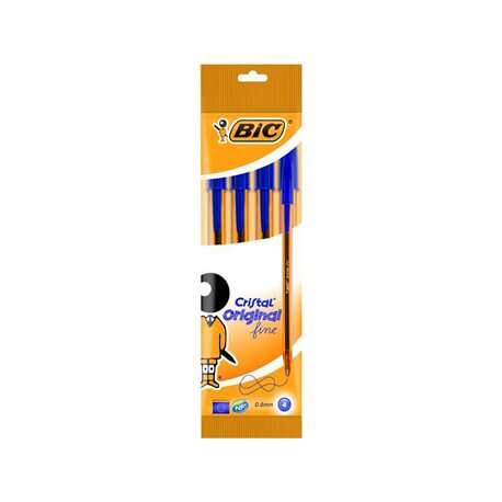 Bic Cristal Original Fine Pack de 4 Boligrafos de Bola - Punta Redonda de 0.8mm - Trazo de 0.3mm - Tinta con Base de Aceite - Color Azul