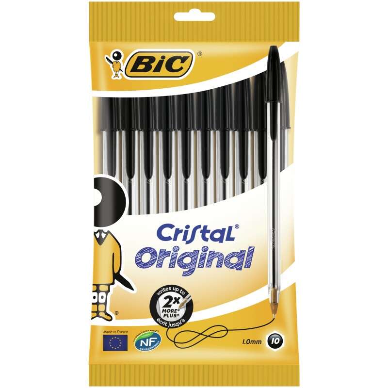 Bic Cristal Original Pack de 10 Boligrafos de Bola - Punta Redonda de 1.0mm - Trazo 0.4mm - Tinta con Base de Aceite - Color Negro