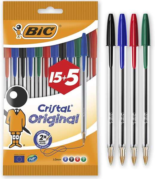 Bic Cristal Original 15+5 Pack de 20 Boligrafos de Bola - Punta Redonda de 1.0mm - Trazo 0.4mm - Tinta con Base de Aceite - Colores Surtidos