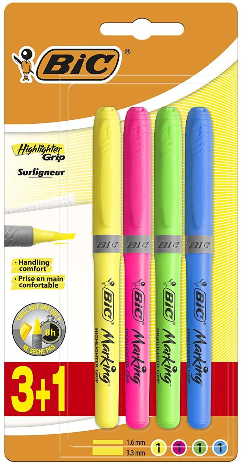 Bic Highlighter Grip Pack de 4 Marcadores Fluorescentes - Tinta con Base de Agua - Punta Biselada - Trazo entre 1.60 y 3.30mm - Colores Surtidos