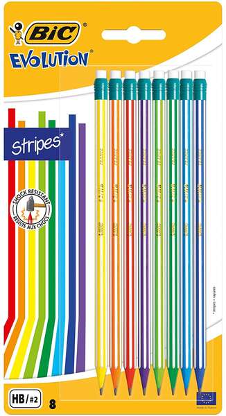 Bic Evolution Stripes Pack de 8 Lapices de Grafito Hexagonales con Goma de Borrar - Mina HB Ultraresistente - Fabricados en Resina Sintetica - Cuerpo de Colores Surtidos