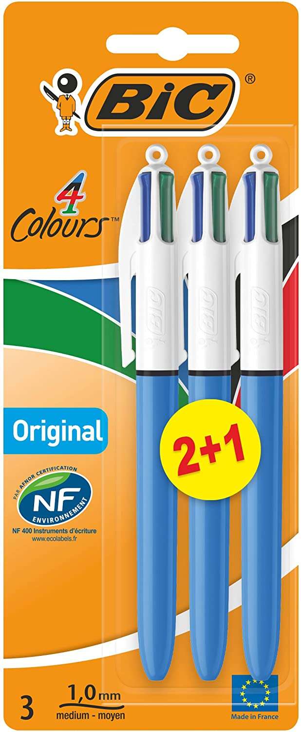 Bic 4 Colours Original Pack de 3 Boligrafos de Bola Retractil - Punta Media de 1.0mm - Tinta con Base de Aceite - Cuerpo Azul/Blanco - 4 Colores