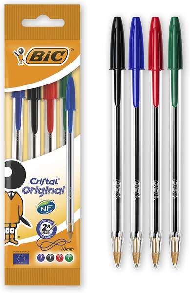 Bic Cristal Original Pack de 4 Boligrafos de Bola - Punta Redonda de 1.0mm - Trazo 0.4mm - Tinta con Base de Aceite - Colores Surtidos