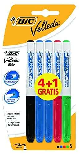 Bic Velleda Grip 4+1 Pack de 5 Rotuladores para Pizarra - Zona con Grip - Punta Media - Trazo de 1.2mm - Borrado Optimo - Colores Surtidos