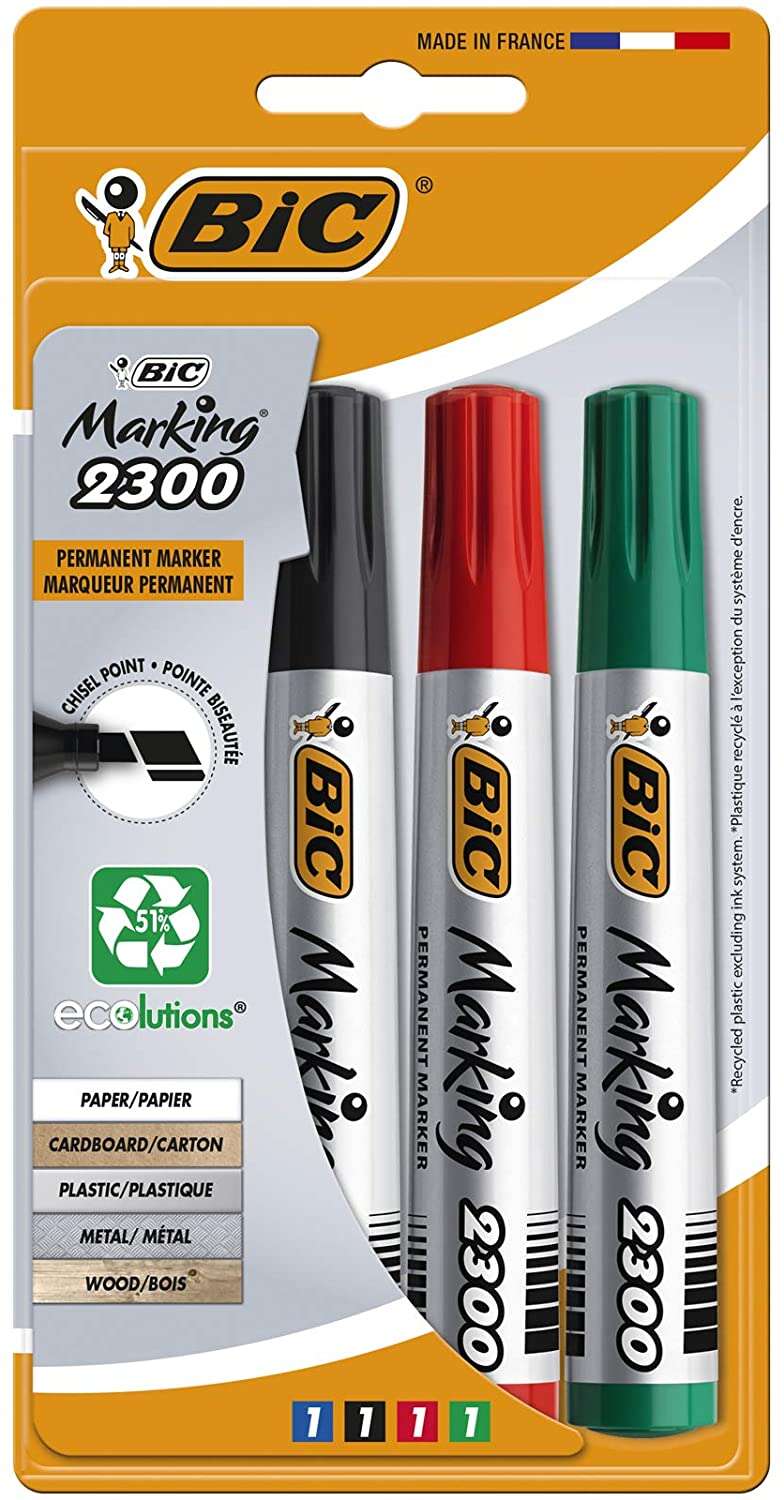 Bic Marking 2300 Ecolutions Pack de 4 Rotuladores Permanentes - Punta Biselada - Tinta con Base de Alcohol - Ecologico - Colores Surtidos