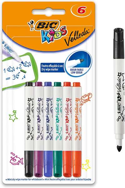 Bic Kids Mini Velleda Pack de 6 Rotuladores para Pizarra - Punta Bloqueada - Tinta con Base de Alcohol - Borrado Optimo - Colores Surtidos