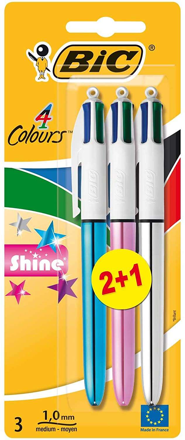 Bic 4 Colours Shine 2+1 Pack de 3 Boligrafos de Bola Retractil - Punta Media de 1.0mm - Tinta con Base de Aceite - Cuerpo de Colores Metalicos Surtidos - 4 Colores