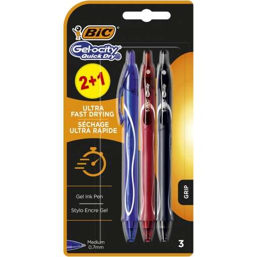 Bic Gel-Ocity Quick Dry 2+1 Pack de 3 Boligrafos Retractiles - Grip de Goma - Punta Media de 0.7mm - Secado Ultra Rapido - No Mancha el Papel - Colores Surtidos